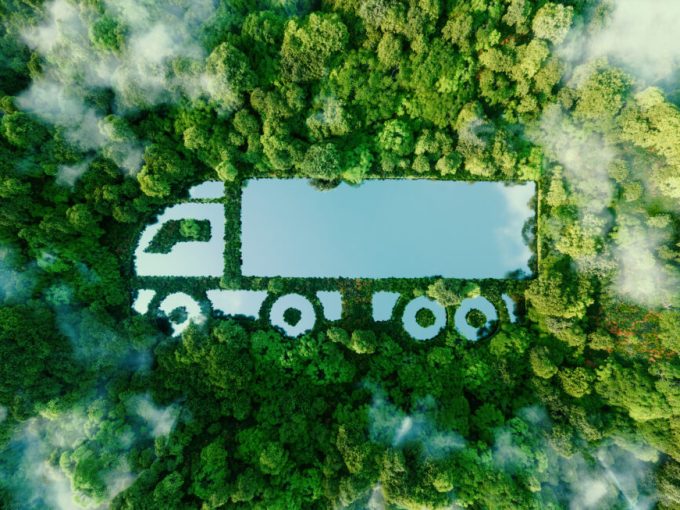 A truck-shaped lake in the midst of pristine nature, illustrating the concept of clean, greenhouse-free transport in the form of electric, hybrid or hydrogen propulsion. 3d rendering.